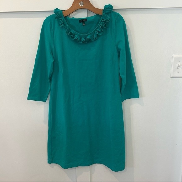 Talbots Dresses & Skirts - Talbots Dress Turquoise Ruffle Neckline Cotton 3/4 Sleeve Casual Colorful SZ M